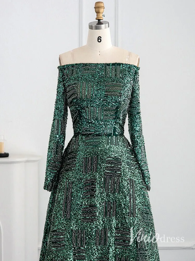 Green Beaded Evening Dresses Off the Shoulder Long Sleeve Formal Dress AD1164