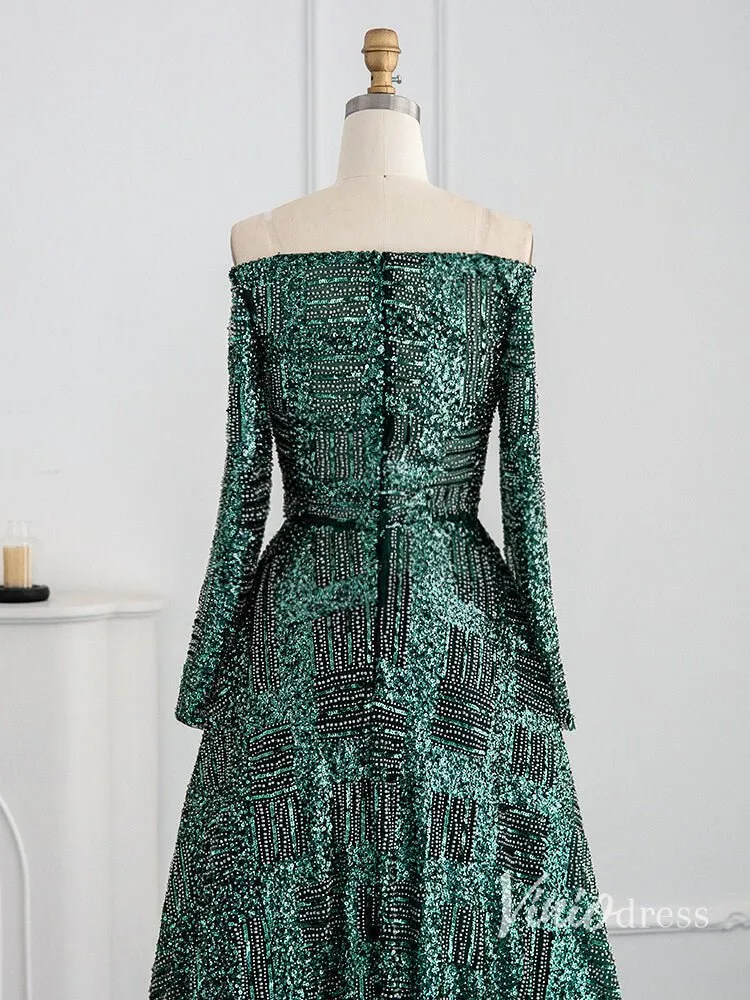 Green Beaded Evening Dresses Off the Shoulder Long Sleeve Formal Dress AD1164