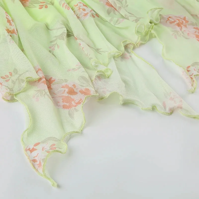 Green Printed Fringe Midi Skirt