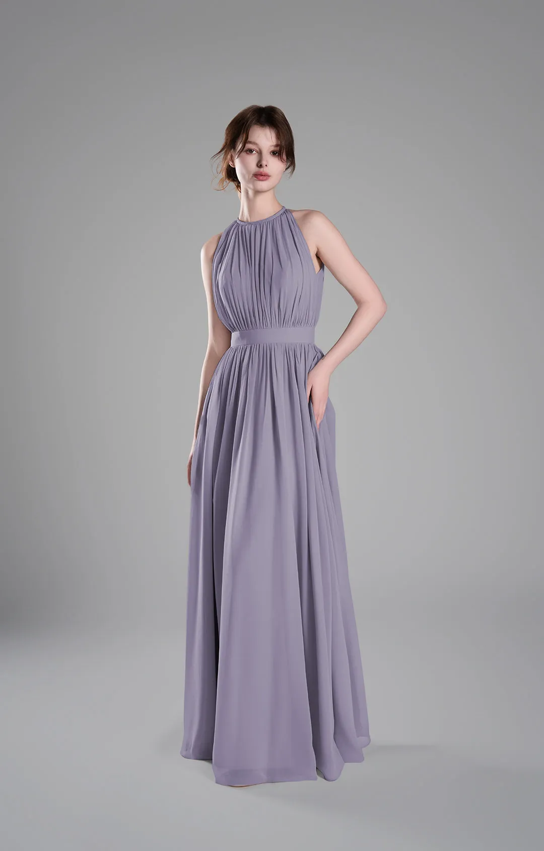 Halter Neckline Pleated Cinched Waist Dresses