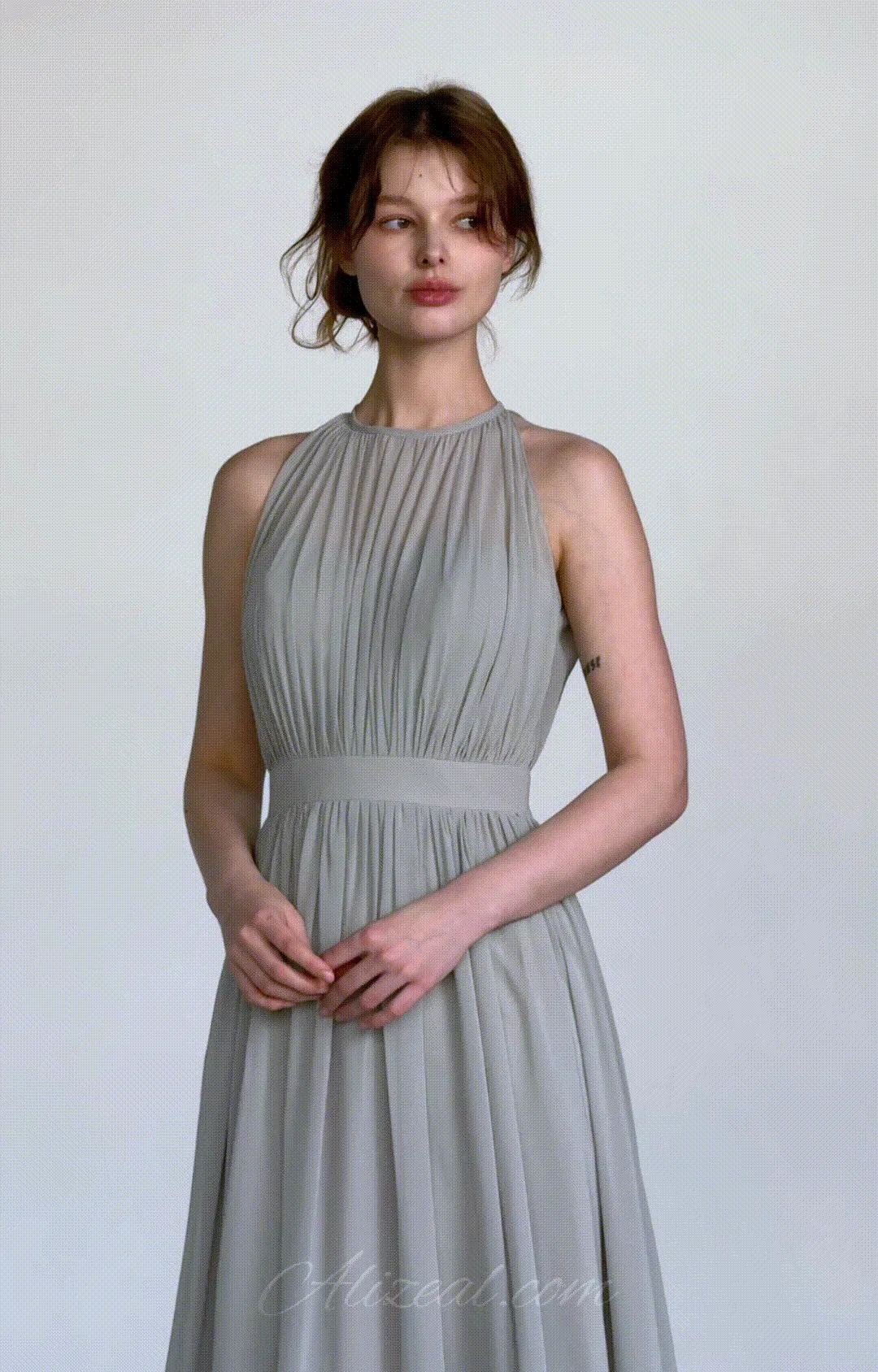 Halter Neckline Pleated Cinched Waist Dresses