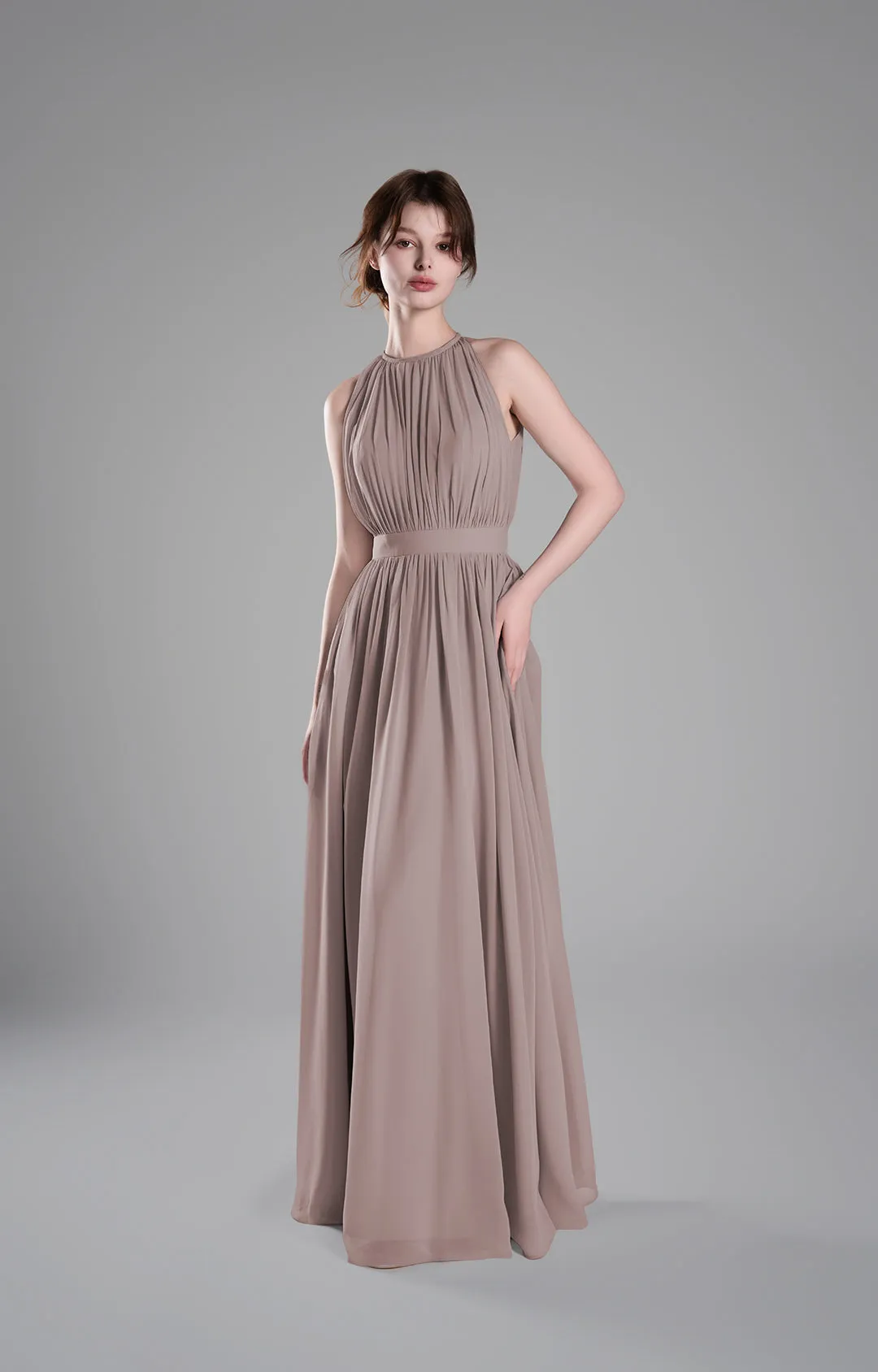 Halter Neckline Pleated Cinched Waist Dresses