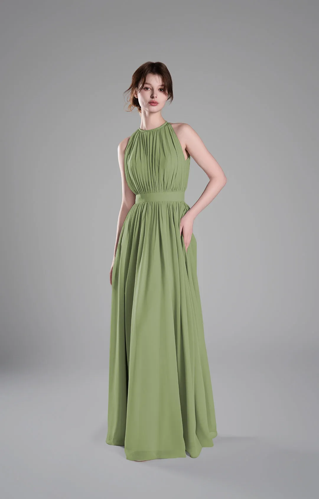 Halter Neckline Pleated Cinched Waist Dresses
