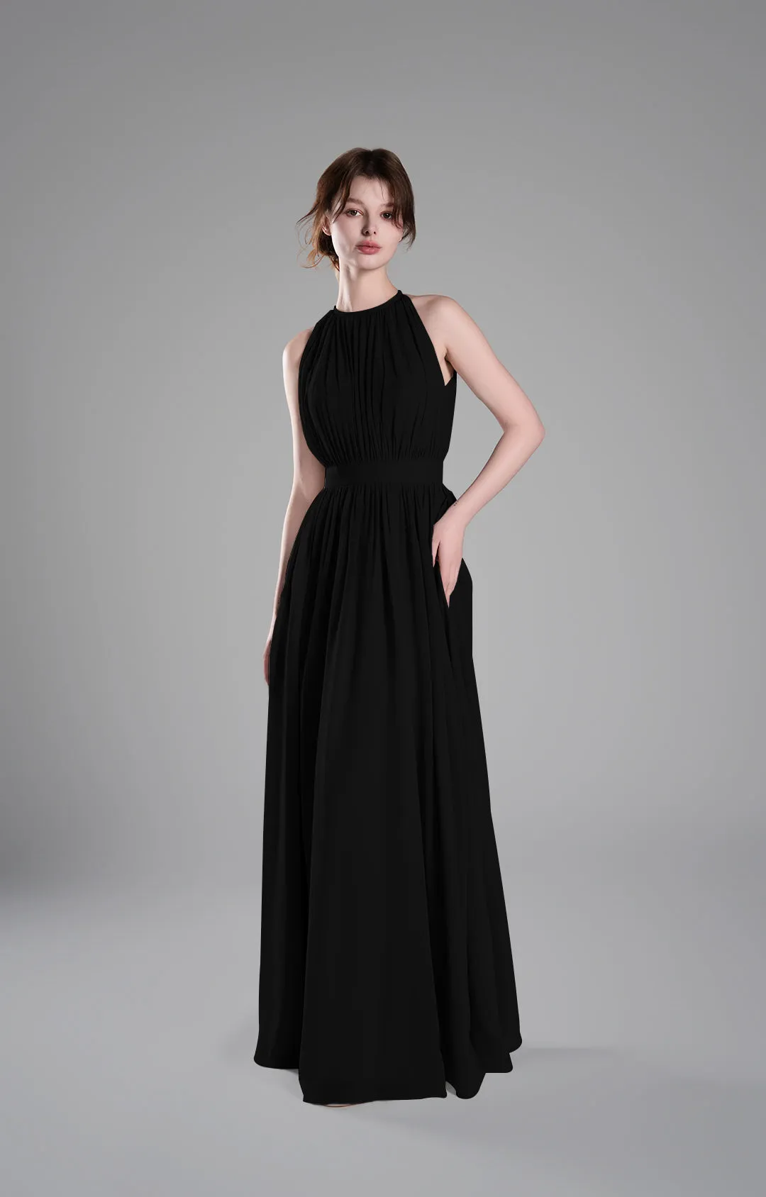 Halter Neckline Pleated Cinched Waist Dresses