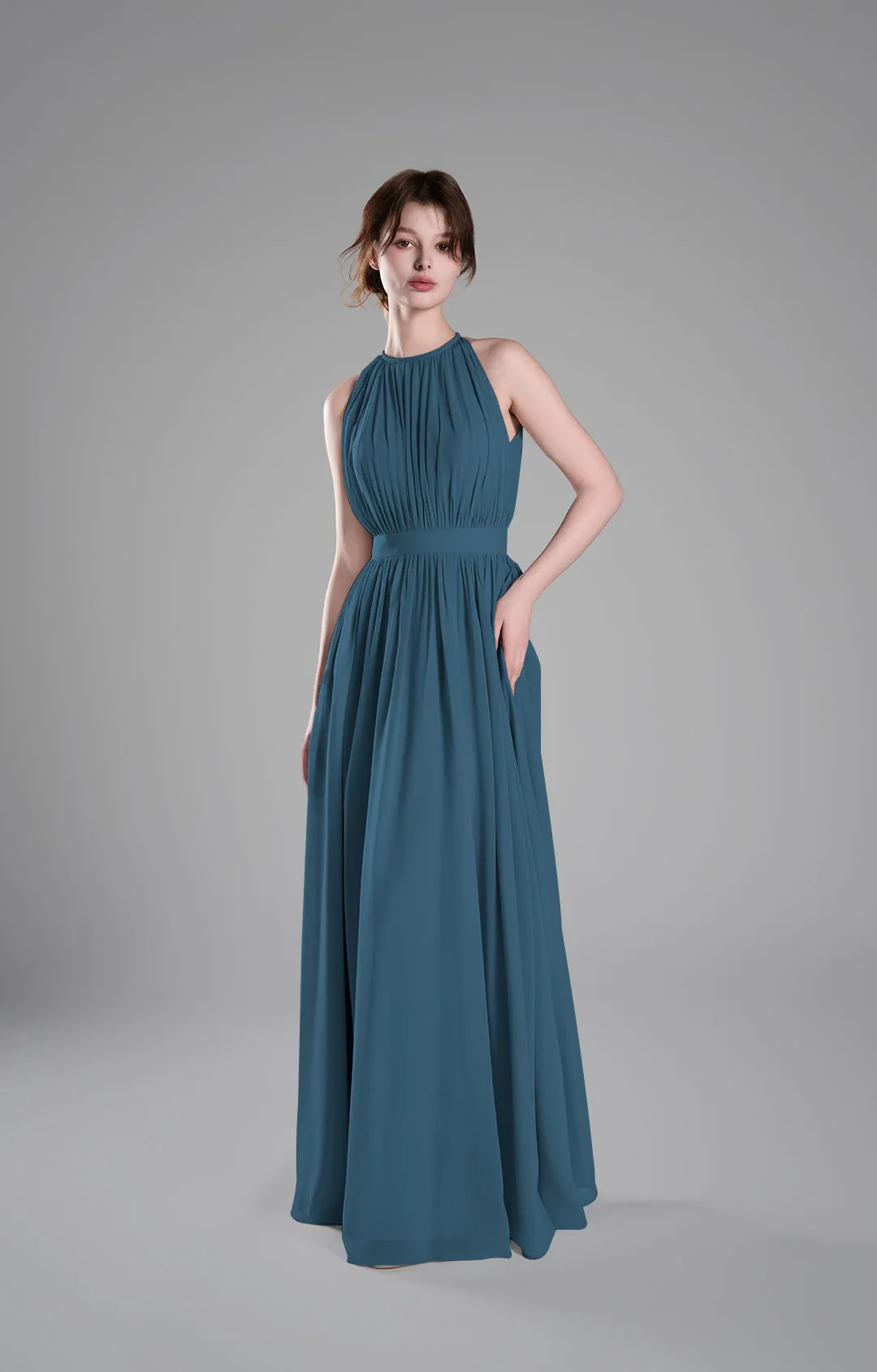Halter Neckline Pleated Cinched Waist Dresses
