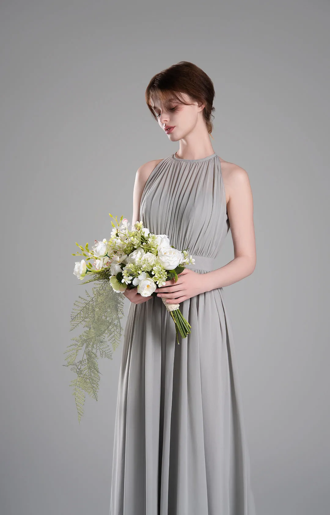 Halter Neckline Pleated Cinched Waist Dresses