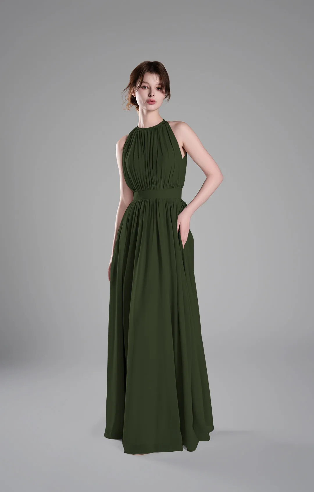 Halter Neckline Pleated Cinched Waist Dresses