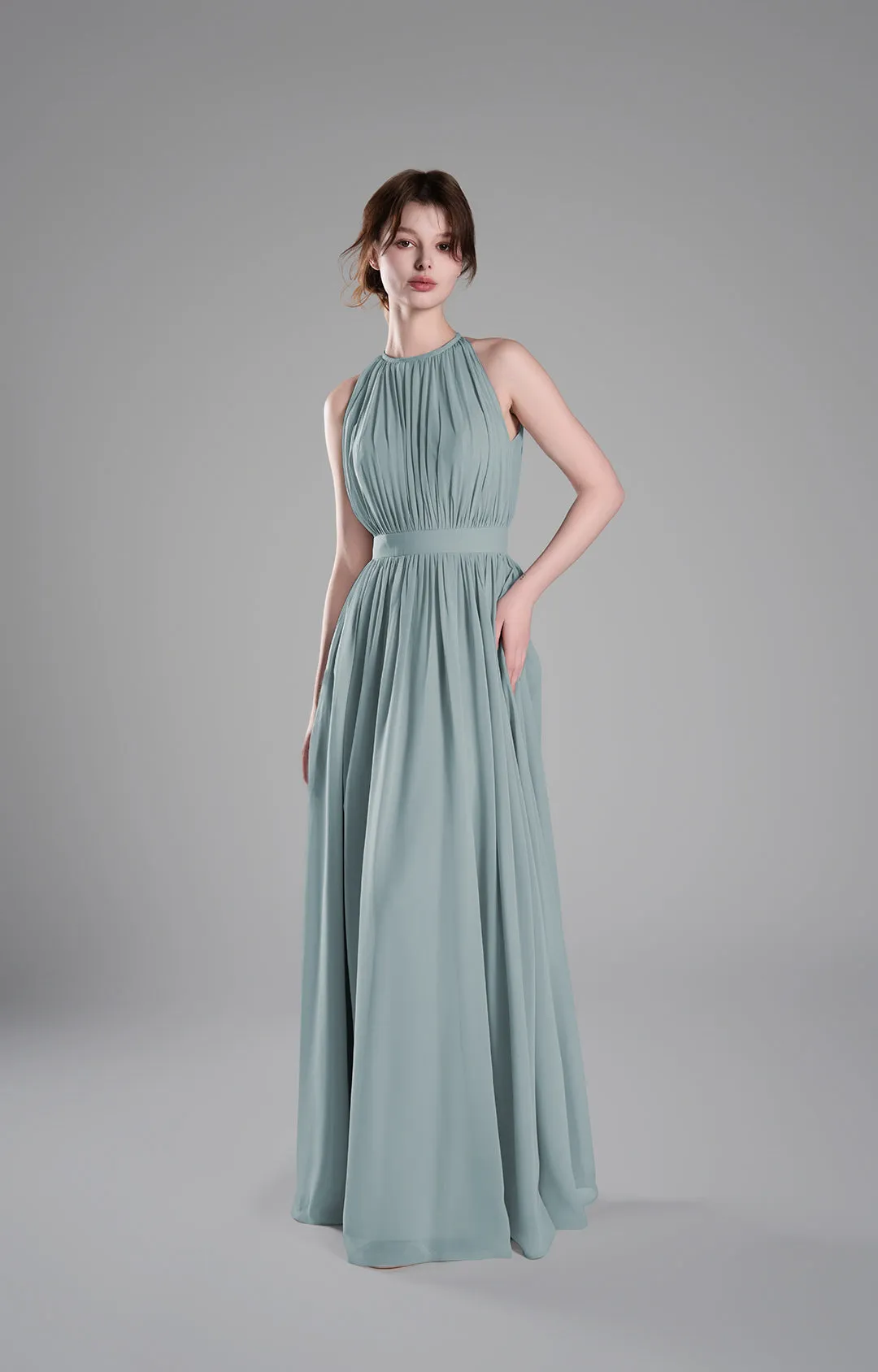 Halter Neckline Pleated Cinched Waist Dresses
