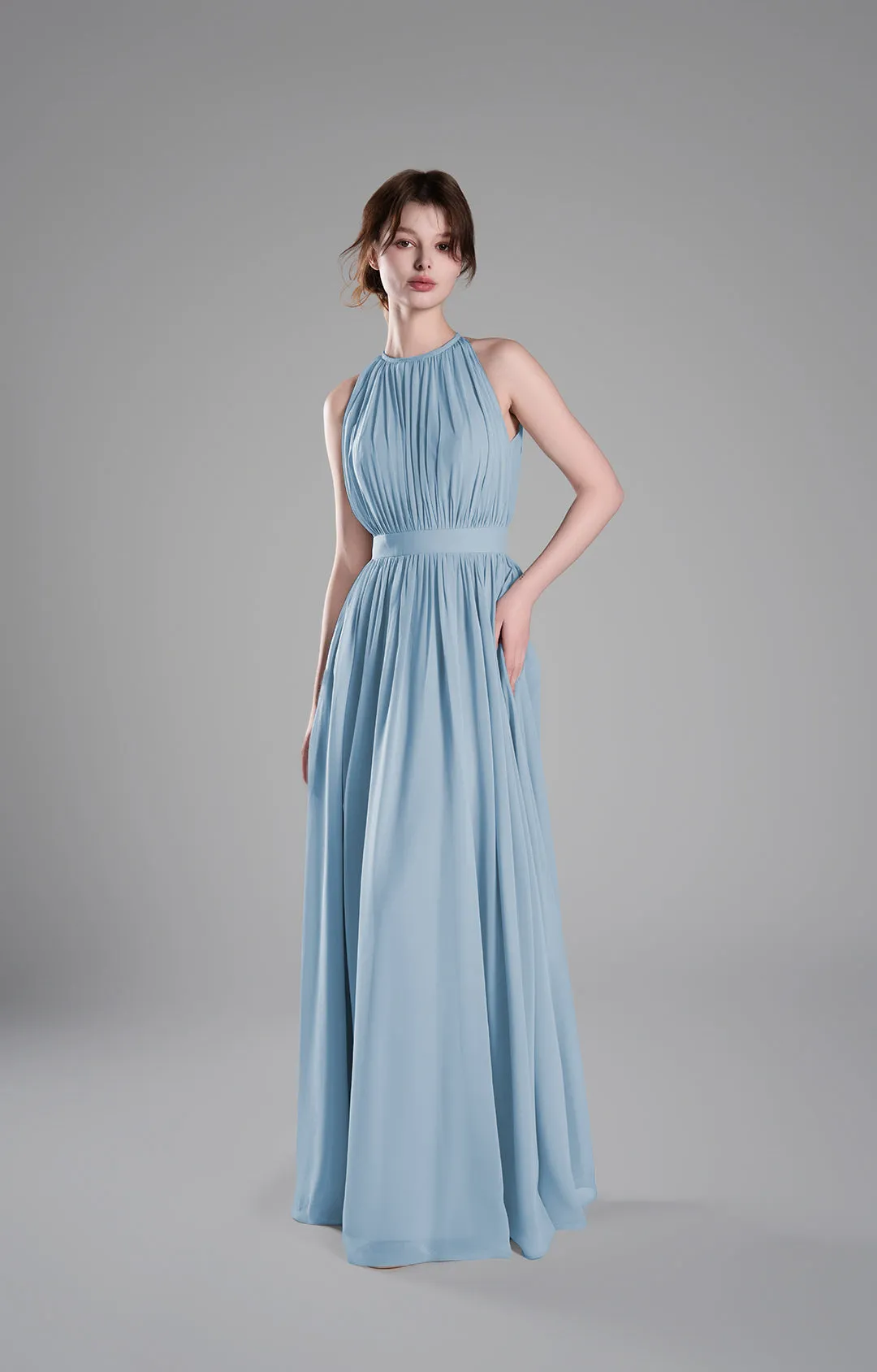 Halter Neckline Pleated Cinched Waist Dresses