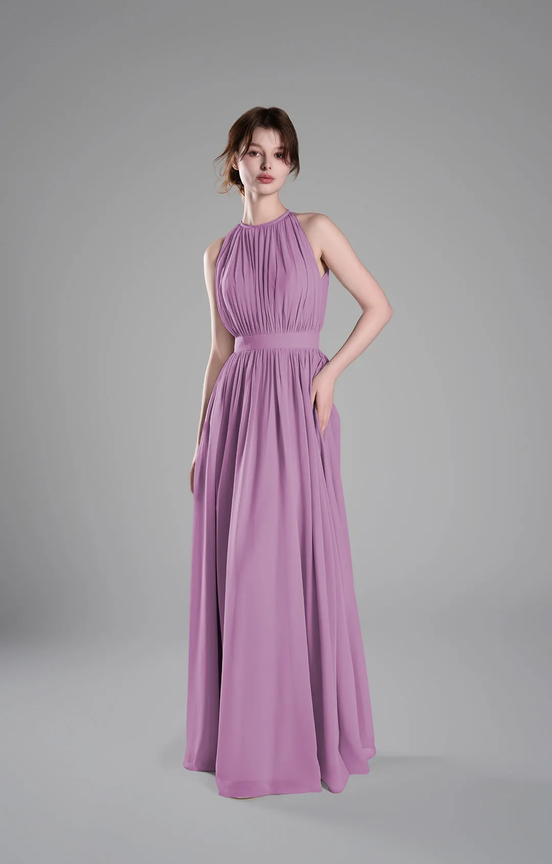 Halter Neckline Pleated Cinched Waist Dresses