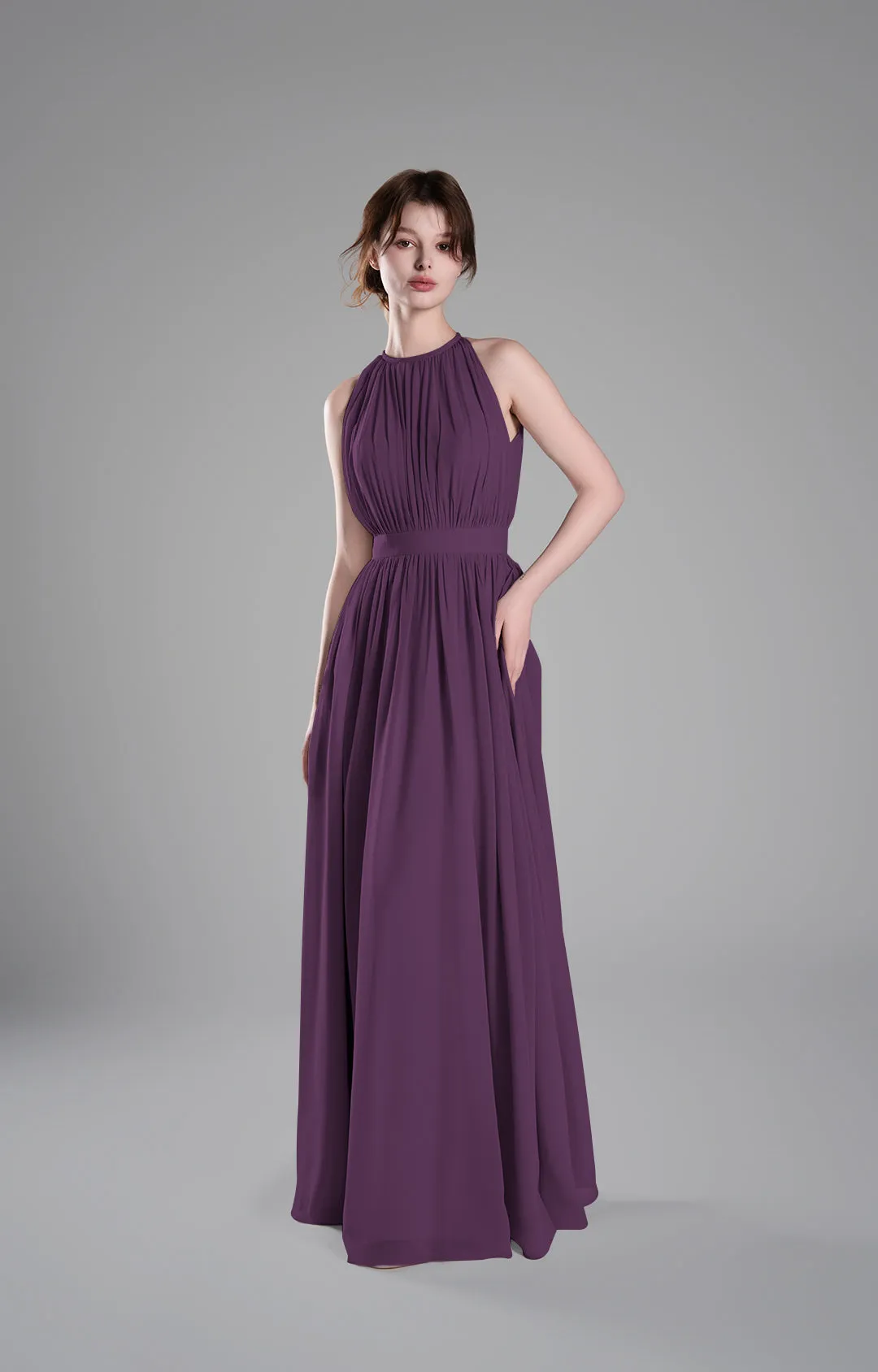 Halter Neckline Pleated Cinched Waist Dresses