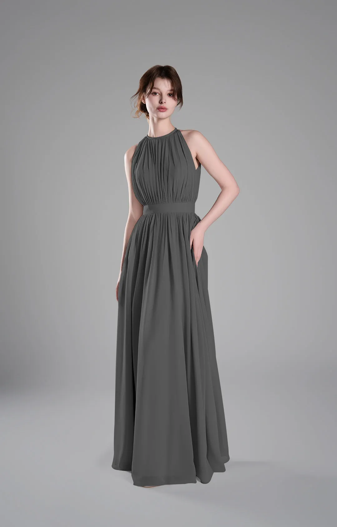 Halter Neckline Pleated Cinched Waist Dresses