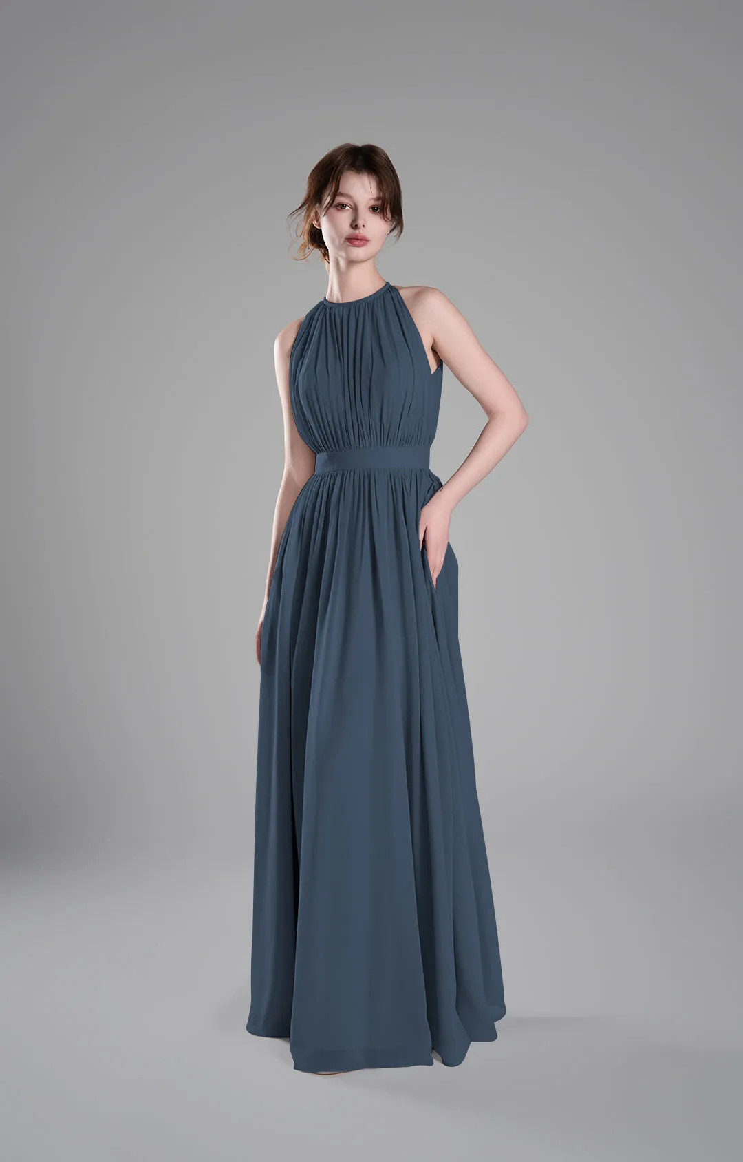 Halter Neckline Pleated Cinched Waist Dresses