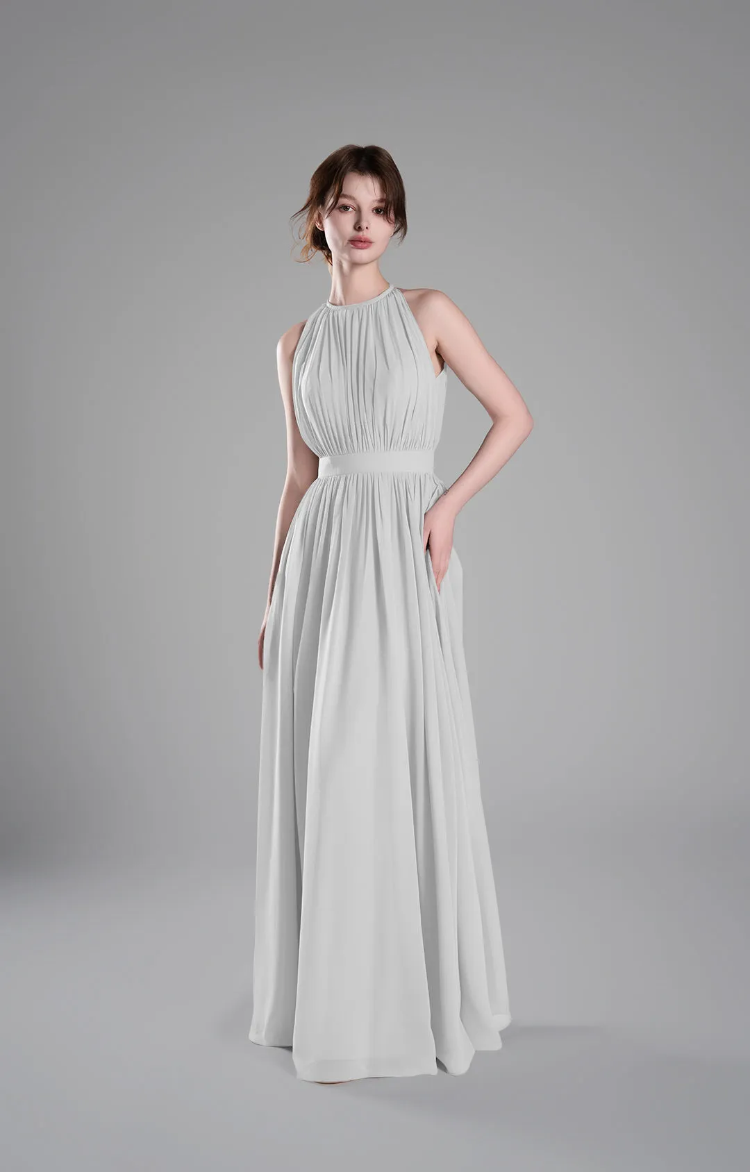 Halter Neckline Pleated Cinched Waist Dresses