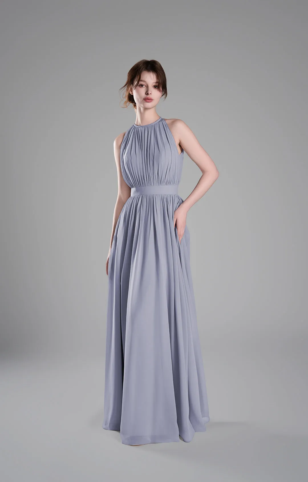 Halter Neckline Pleated Cinched Waist Dresses