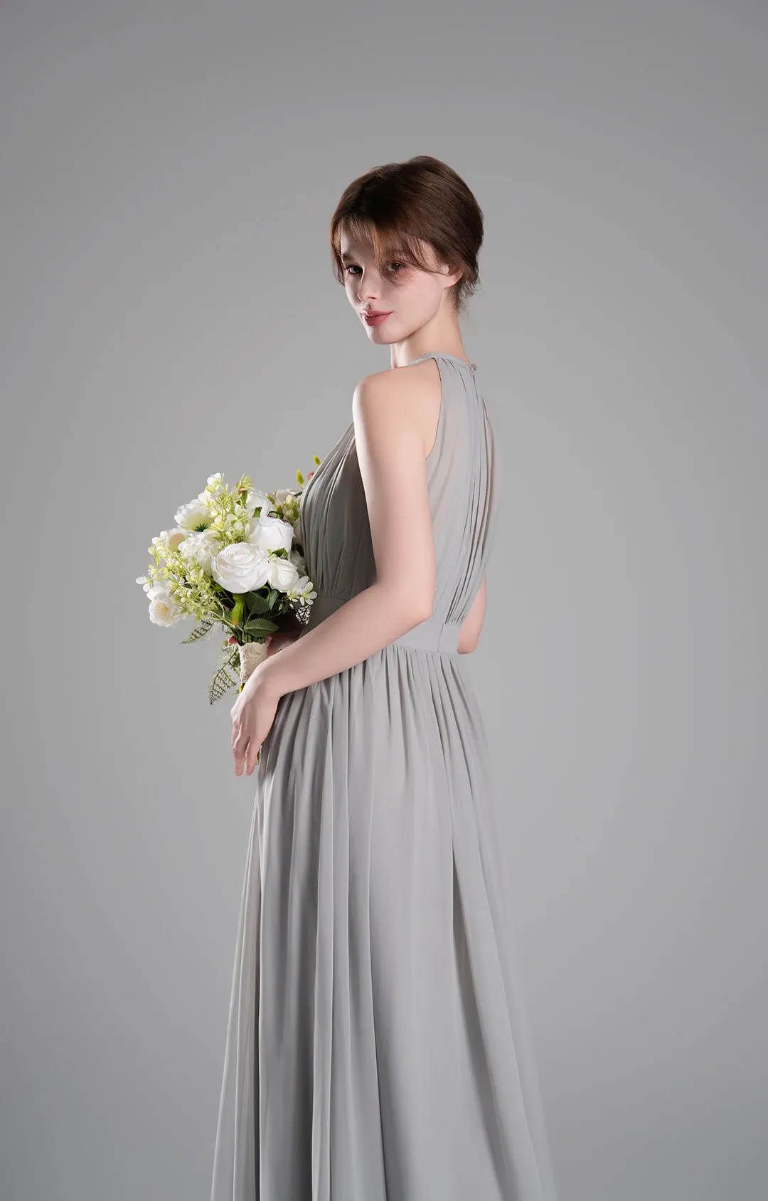 Halter Neckline Pleated Cinched Waist Dresses