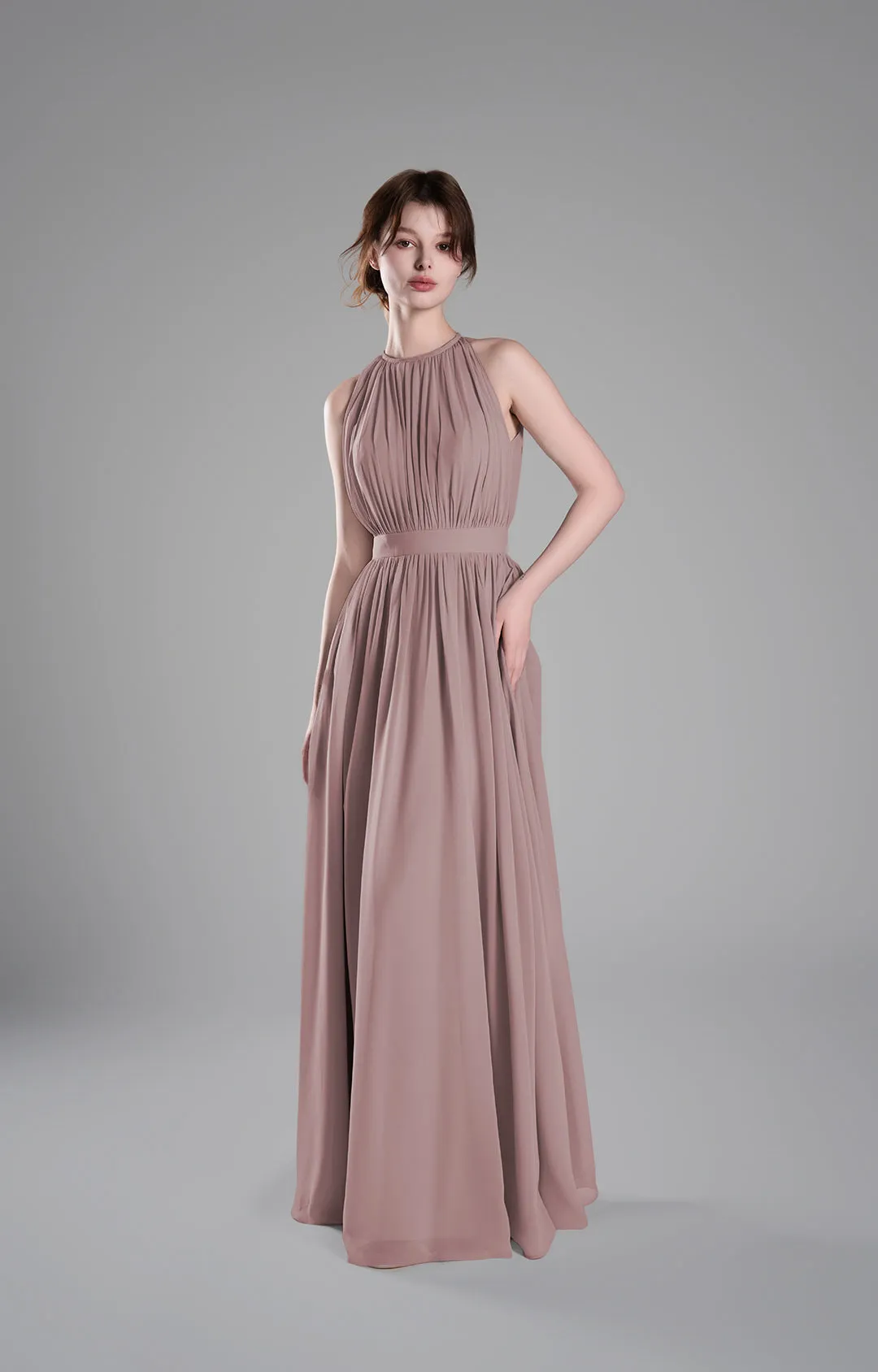 Halter Neckline Pleated Cinched Waist Dresses