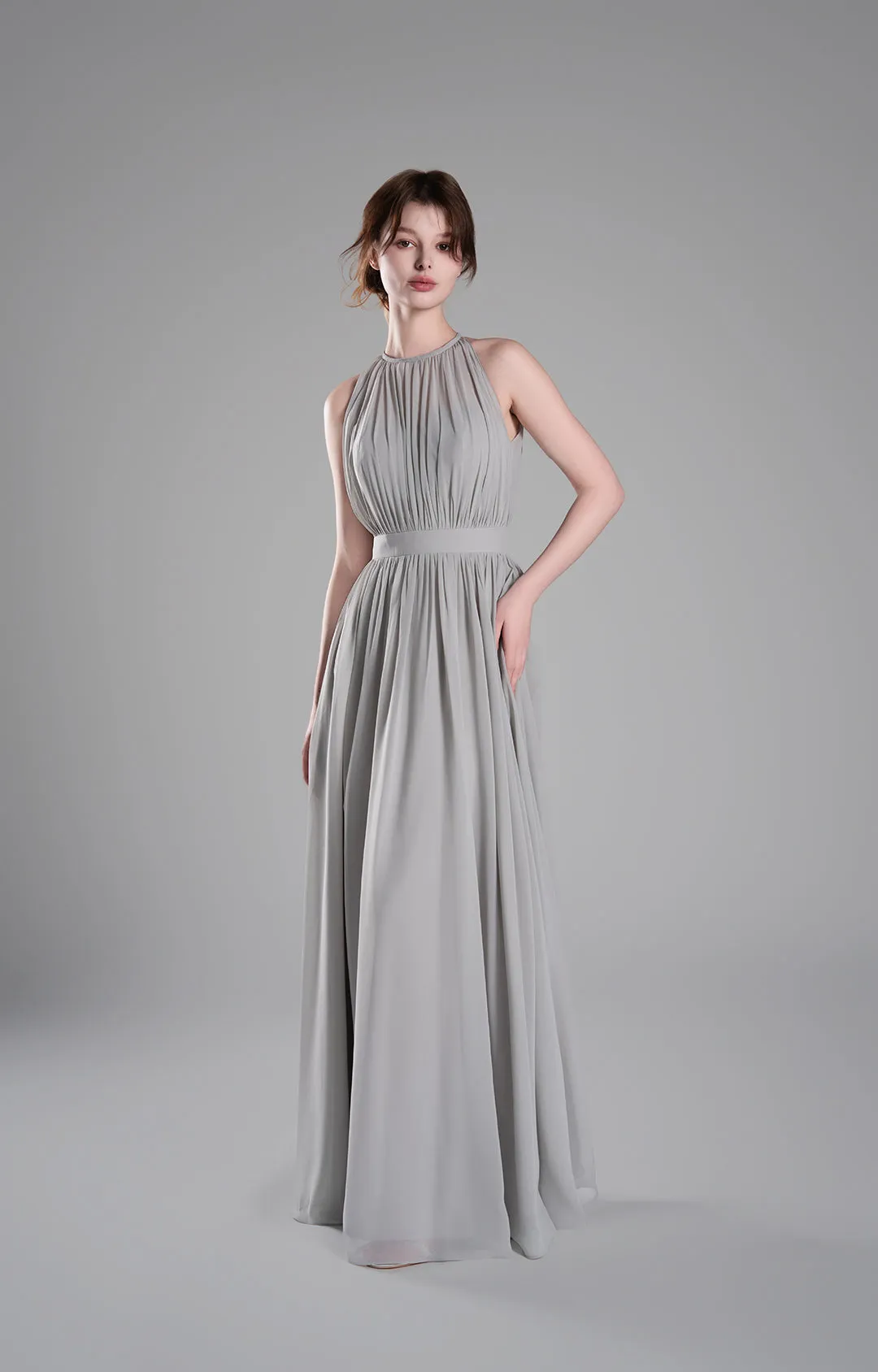Halter Neckline Pleated Cinched Waist Dresses