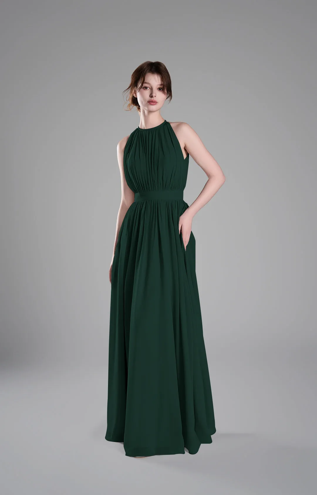 Halter Neckline Pleated Cinched Waist Dresses