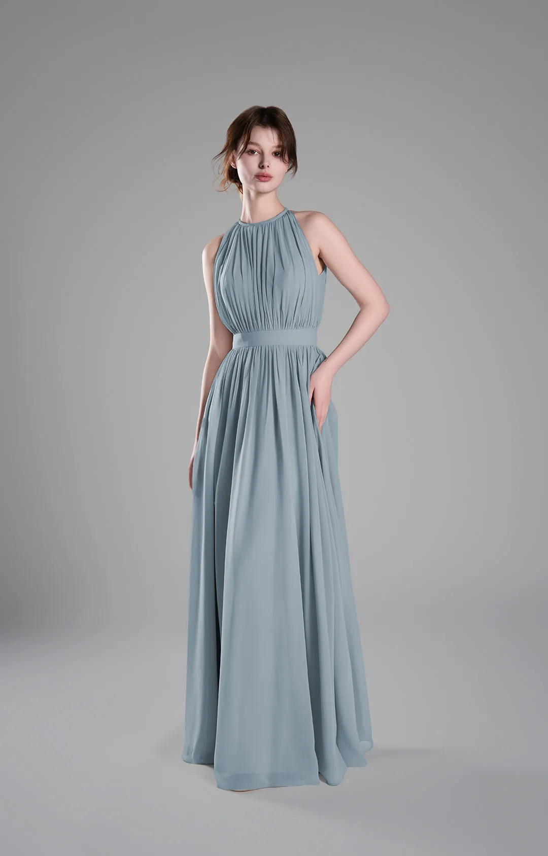 Halter Neckline Pleated Cinched Waist Dresses