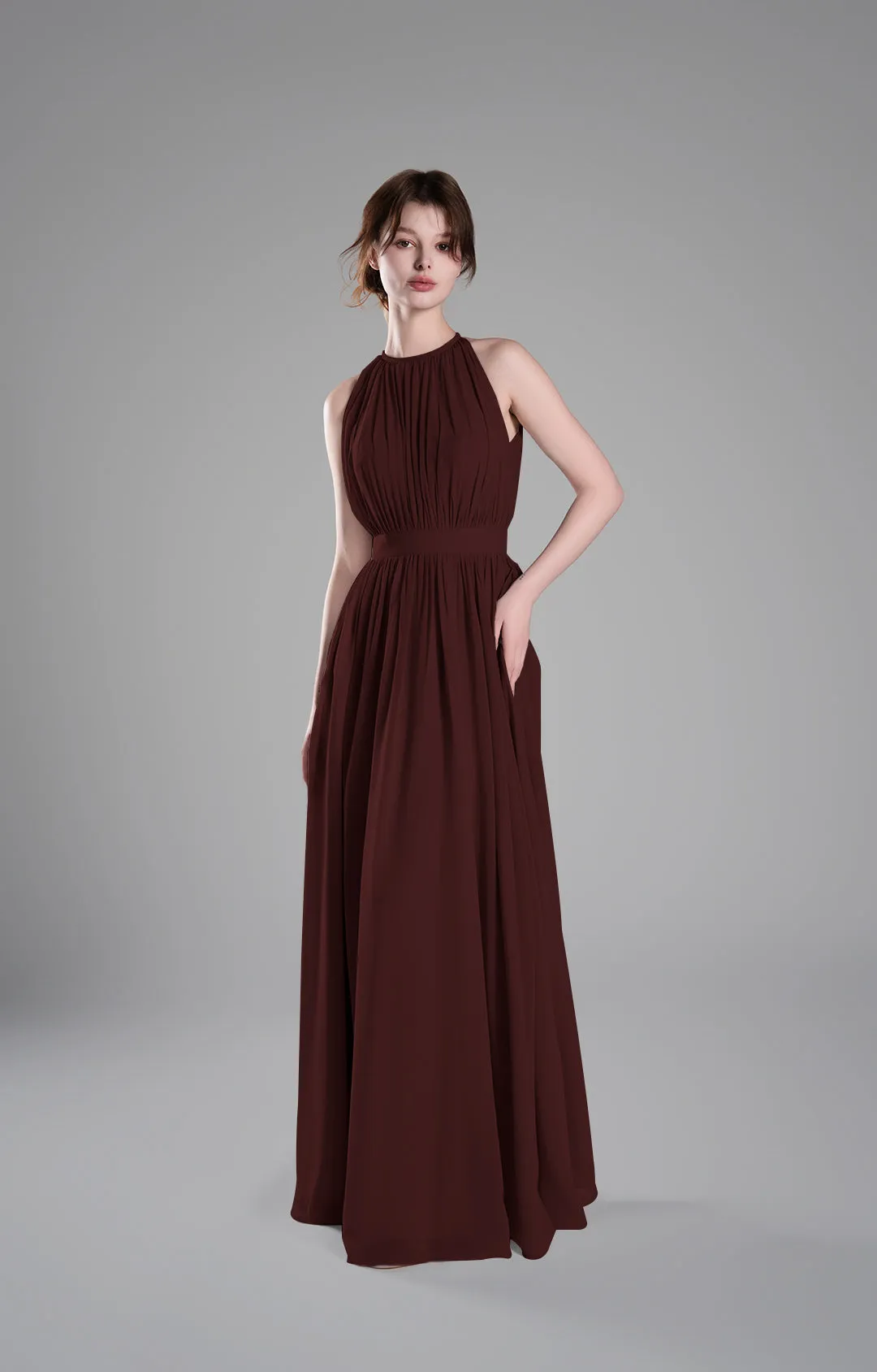 Halter Neckline Pleated Cinched Waist Dresses