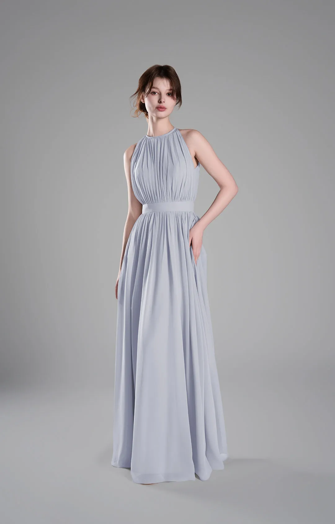 Halter Neckline Pleated Cinched Waist Dresses