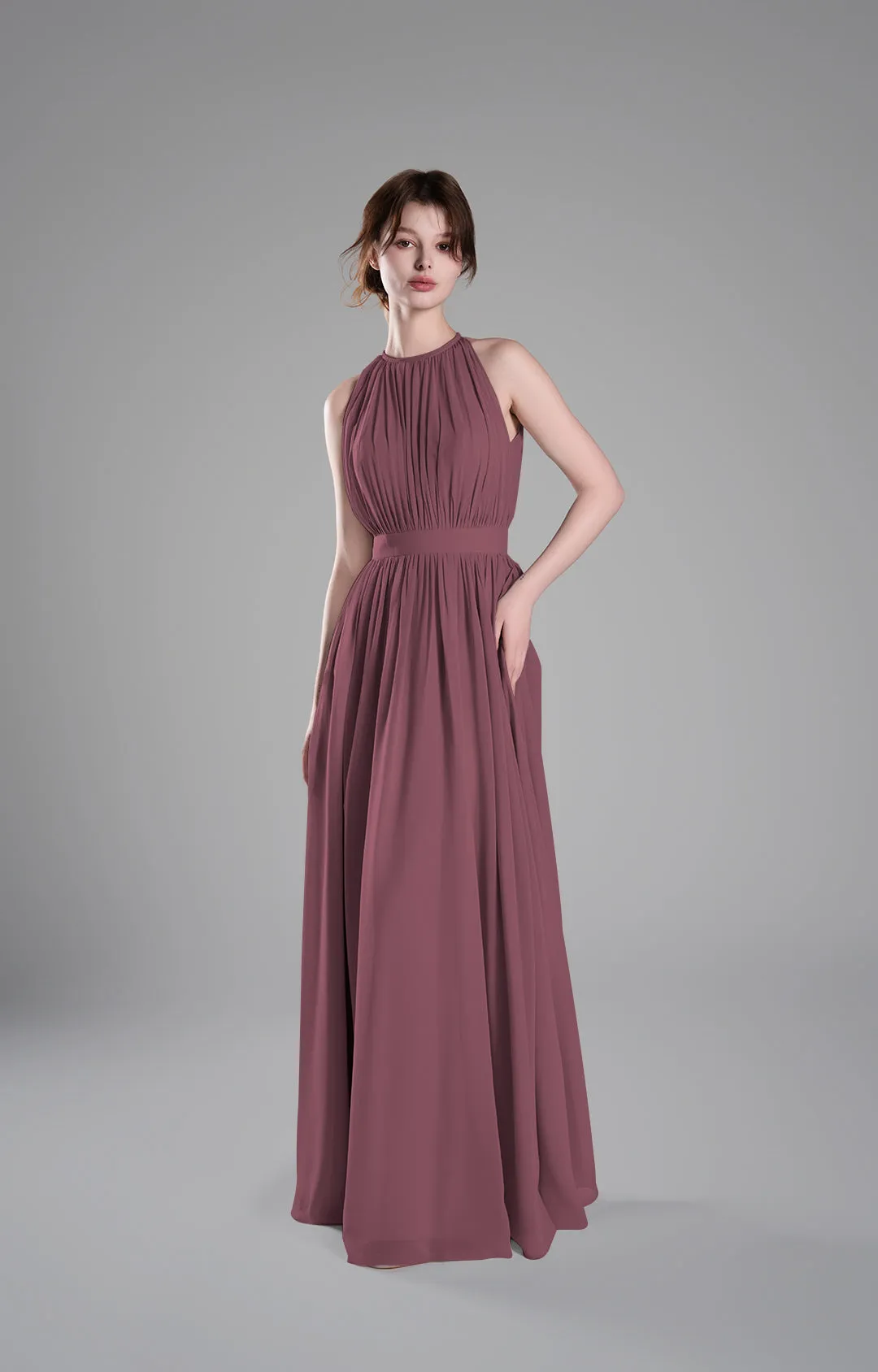 Halter Neckline Pleated Cinched Waist Dresses