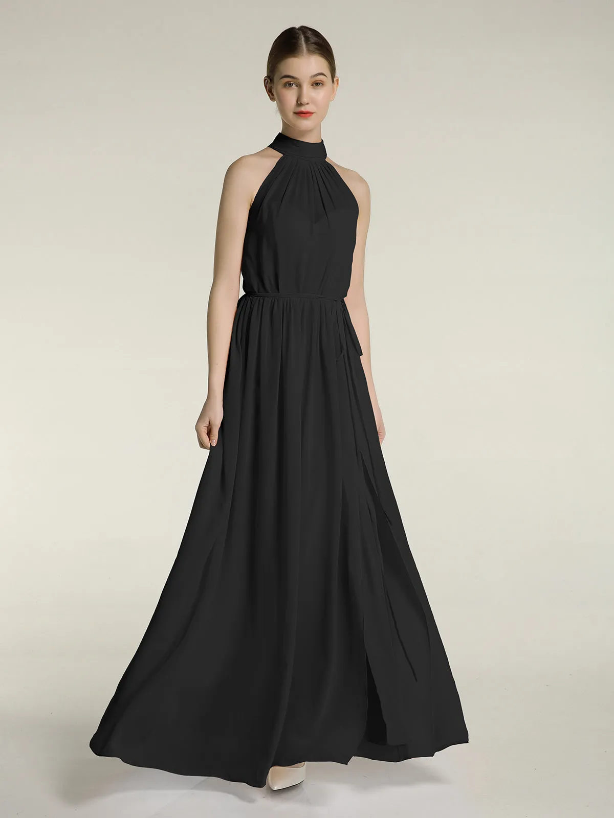 High Neck Chiffon Dresses with Slit and Sash Bow-Black