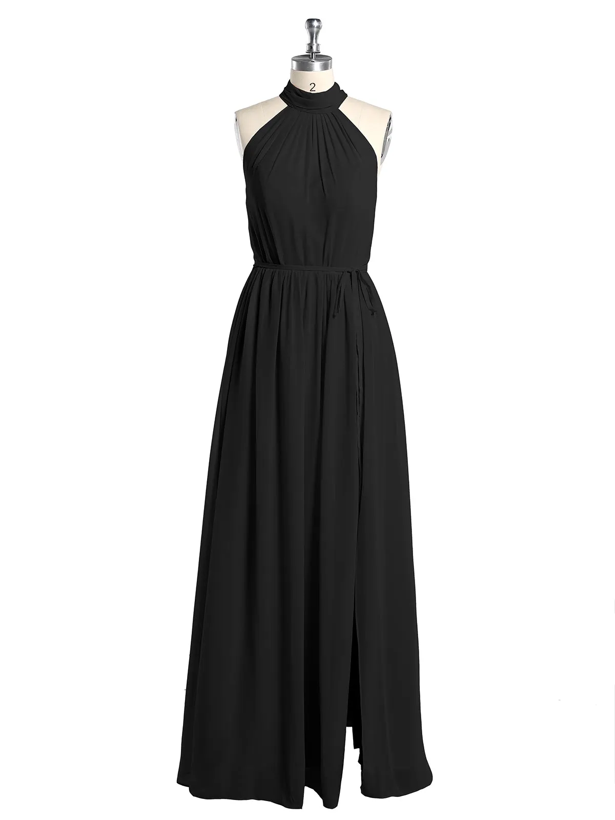 High Neck Chiffon Dresses with Slit and Sash Bow-Black