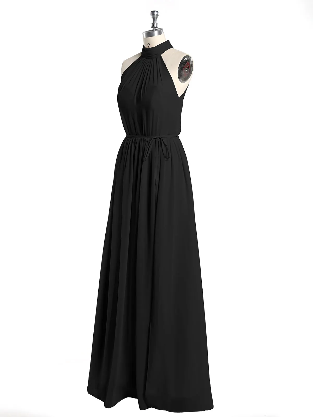 High Neck Chiffon Dresses with Slit and Sash Bow-Black