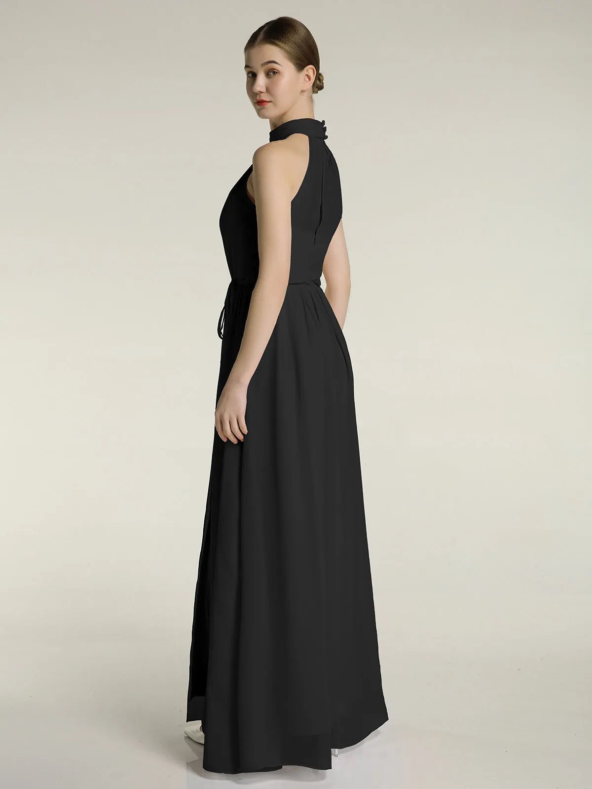 High Neck Chiffon Dresses with Slit and Sash Bow-Black