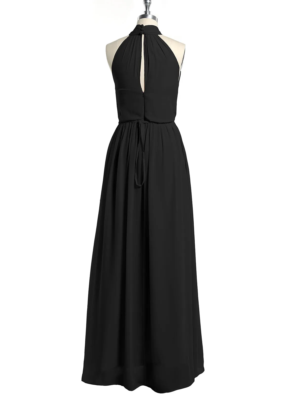 High Neck Chiffon Dresses with Slit and Sash Bow-Black