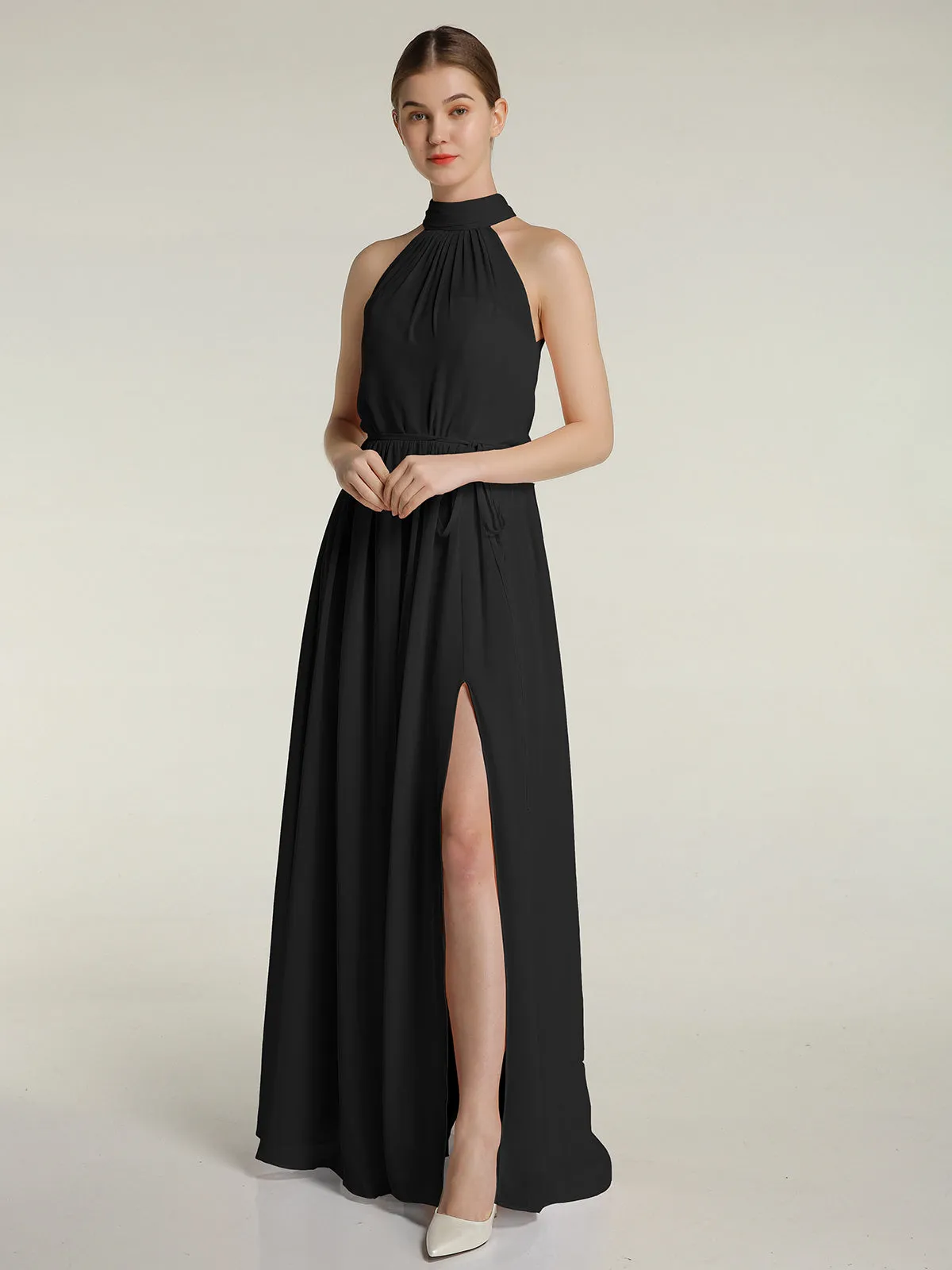 High Neck Chiffon Dresses with Slit and Sash Bow-Black