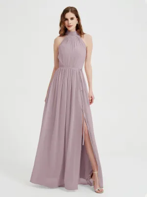 High Neck Chiffon Dresses with Slit and Sash Bow-Dusk Plus Size
