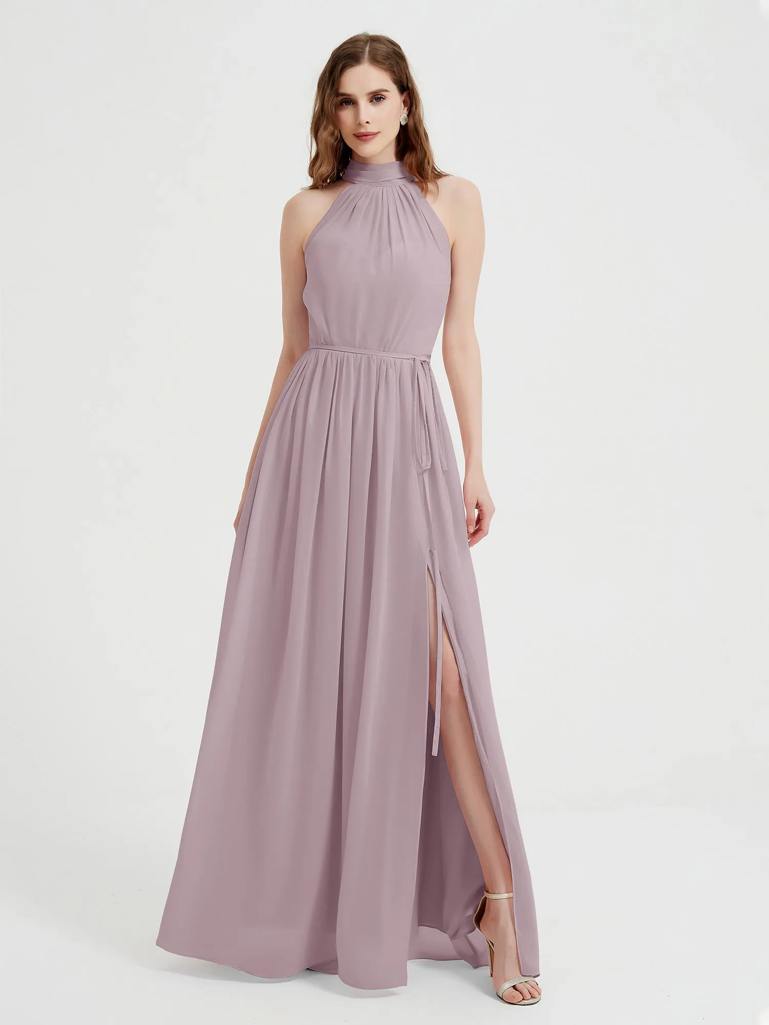 High Neck Chiffon Dresses with Slit and Sash Bow-Dusk Plus Size