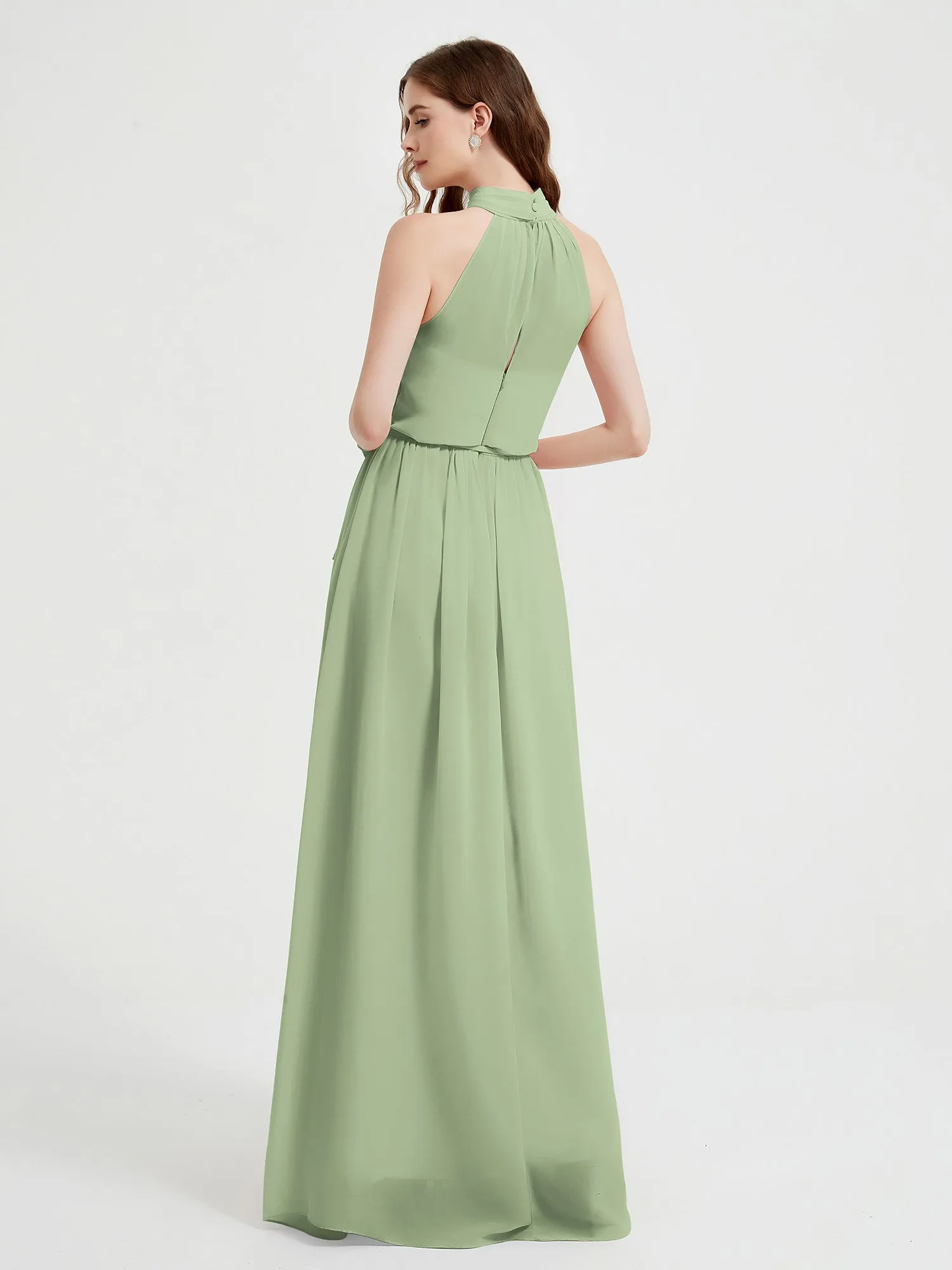 High Neck Chiffon Dresses with Slit and Sash Bow-Dusty Sage Plus Size