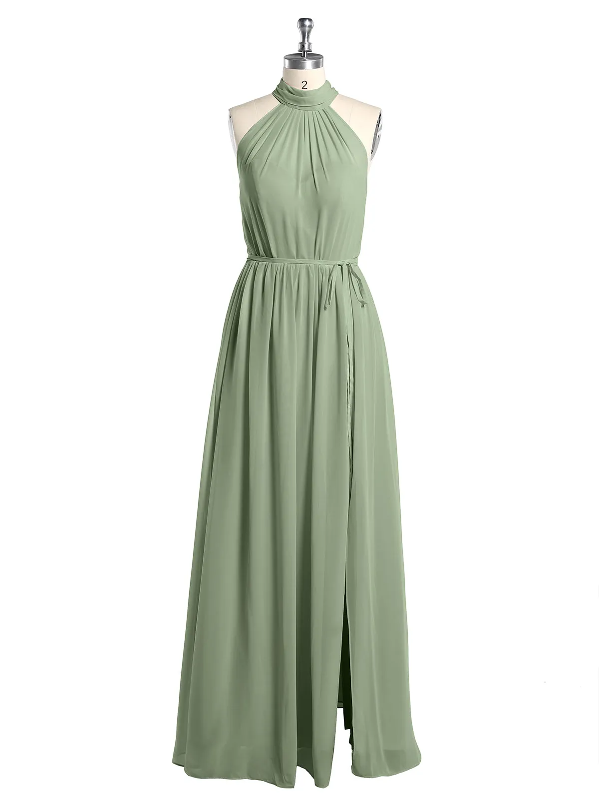 High Neck Chiffon Dresses with Slit and Sash Bow-Dusty Sage Plus Size