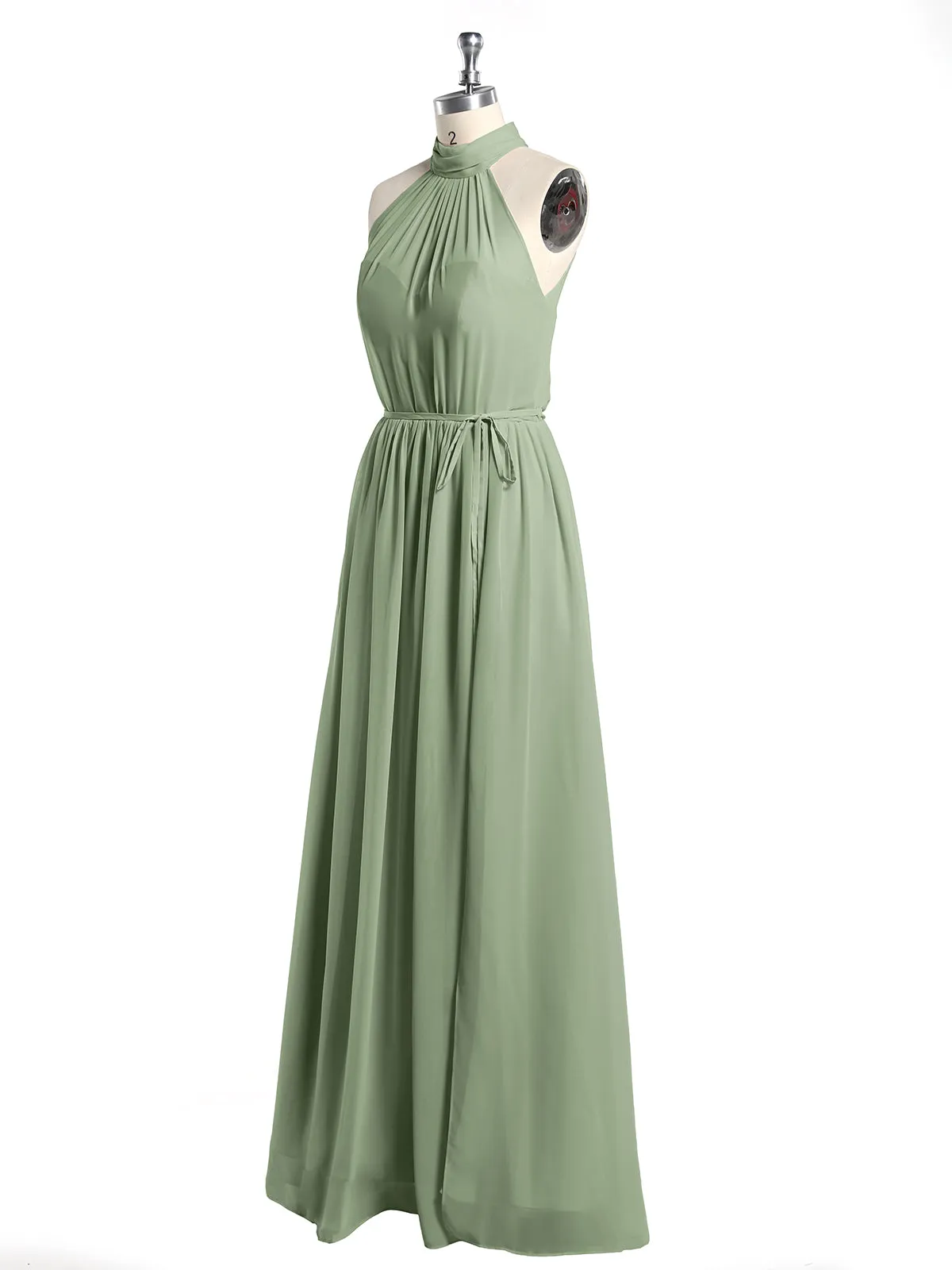 High Neck Chiffon Dresses with Slit and Sash Bow-Dusty Sage Plus Size