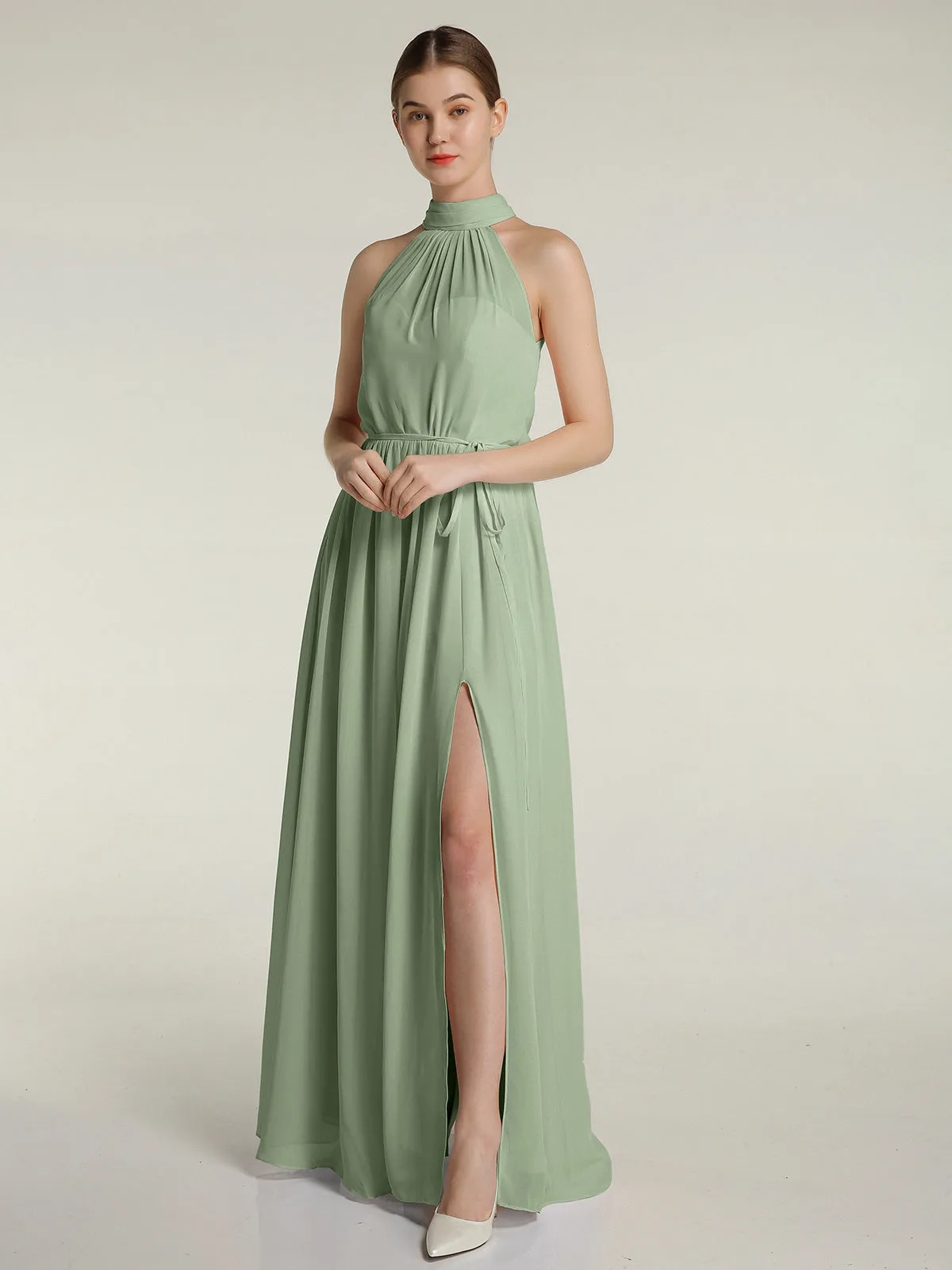 High Neck Chiffon Dresses with Slit and Sash Bow-Dusty Sage Plus Size