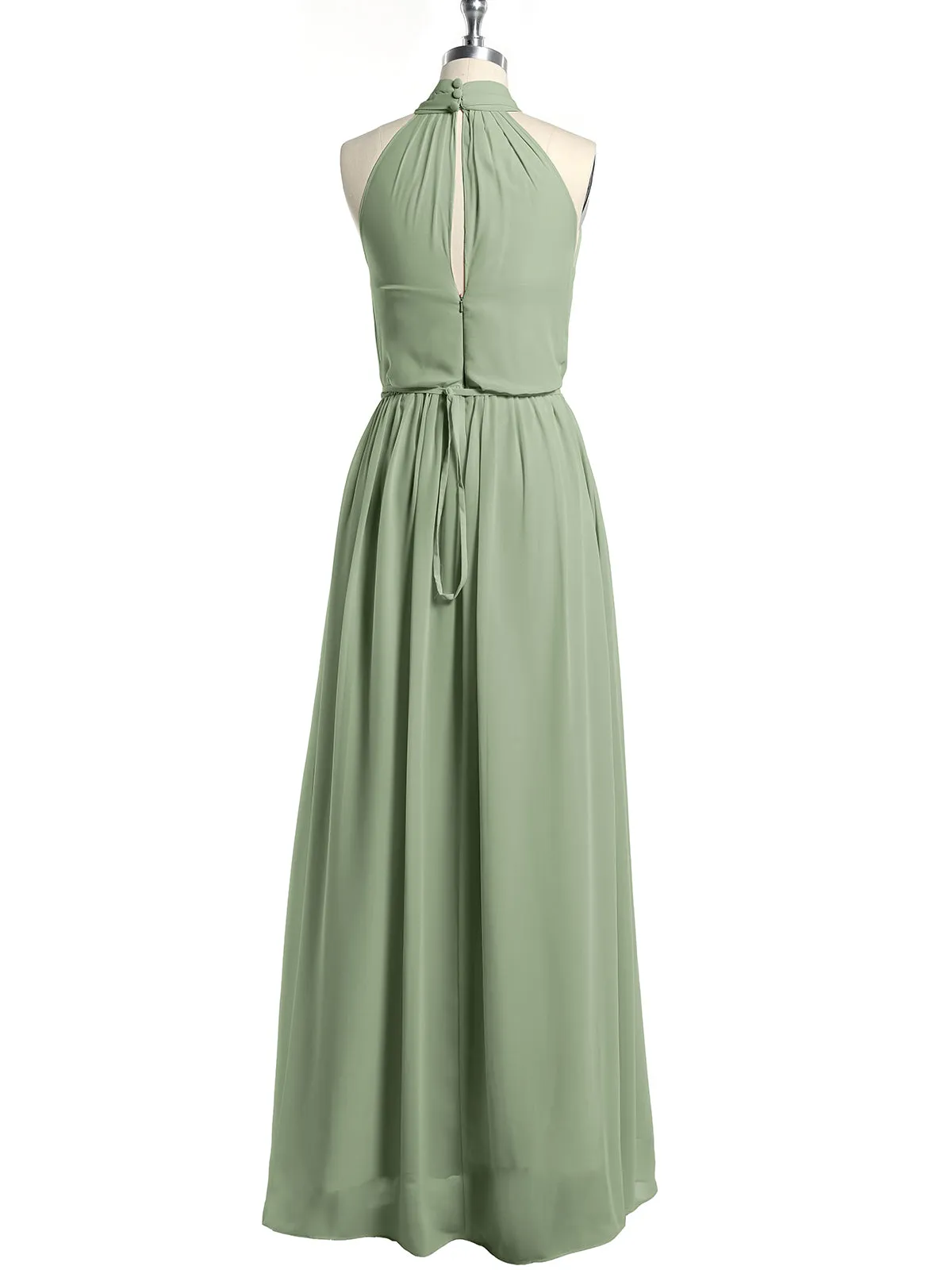 High Neck Chiffon Dresses with Slit and Sash Bow-Dusty Sage Plus Size