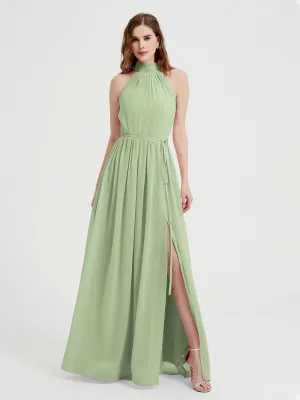 High Neck Chiffon Dresses with Slit and Sash Bow-Dusty Sage Plus Size
