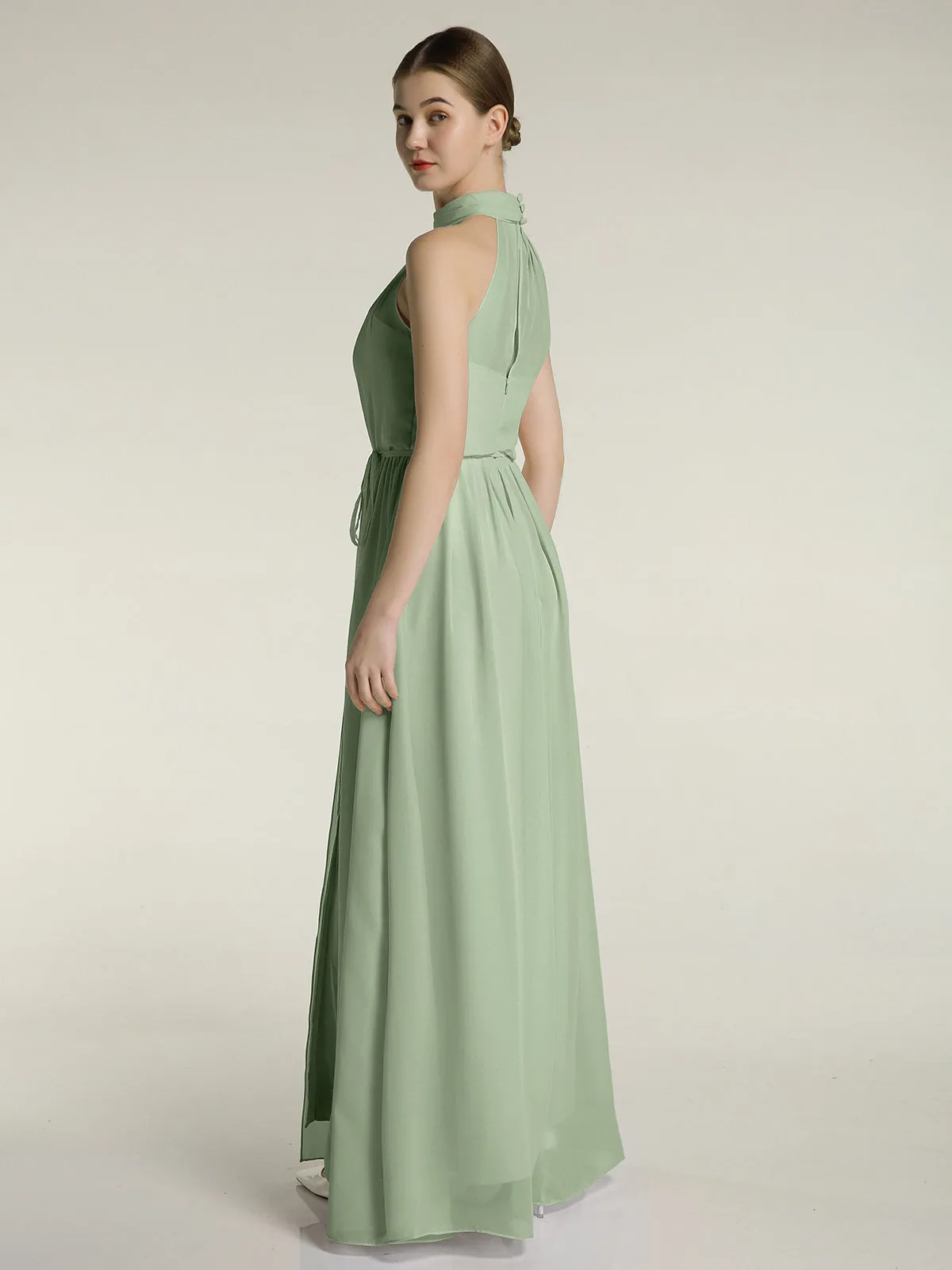 High Neck Chiffon Dresses with Slit and Sash Bow-Dusty Sage Plus Size