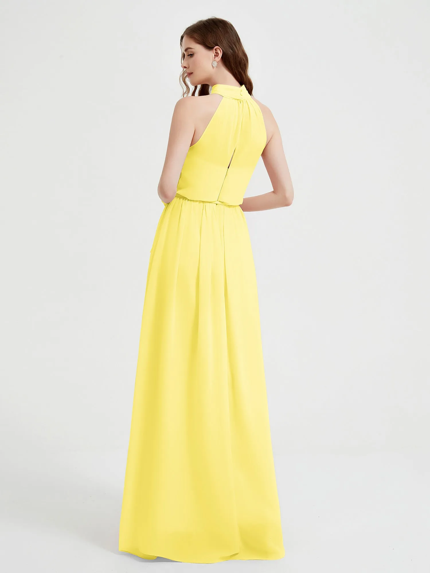 High Neck Chiffon Dresses with Slit and Sash Bow-Lemon