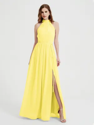 High Neck Chiffon Dresses with Slit and Sash Bow-Lemon