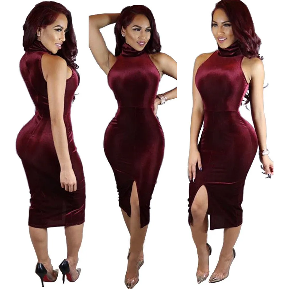 High Neck Sleeveless Front Split Short Bodycon Dress