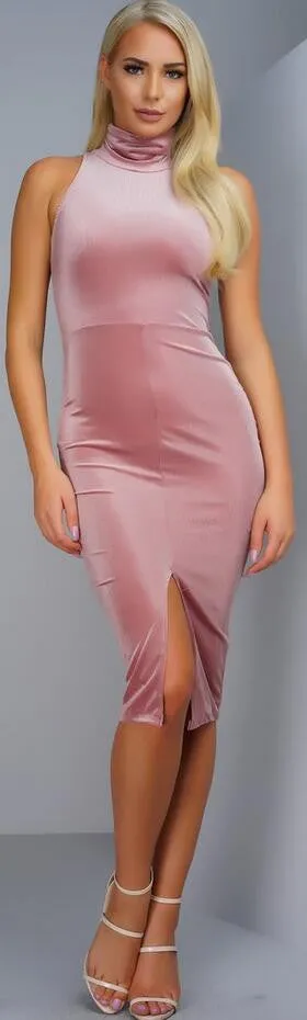 High Neck Sleeveless Front Split Short Bodycon Dress