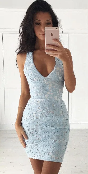Hollow Out V Neck Lace Back Cross Short Bodycon Dress