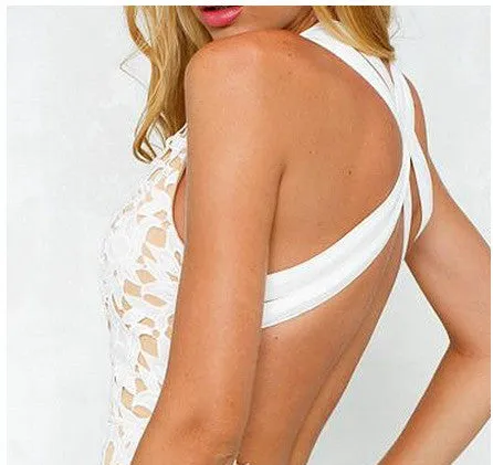 Hollow Out V Neck Lace Back Cross Short Bodycon Dress