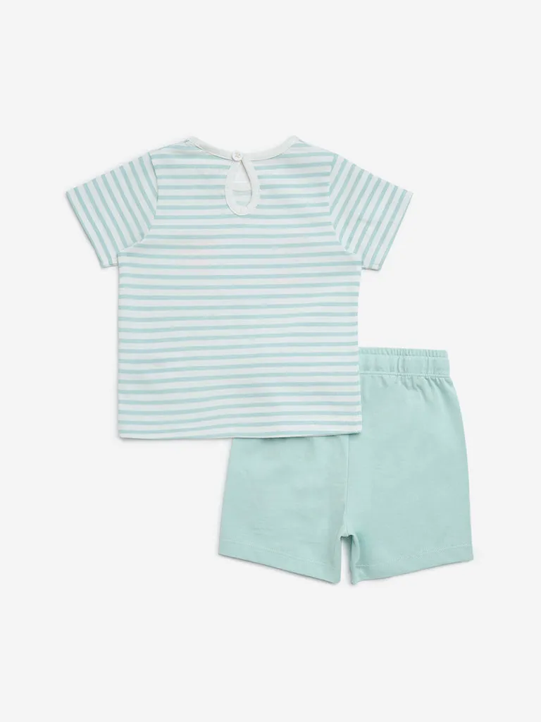 HOP Baby Mint Stripe Printed Cotton T-Shirt with Shorts Set