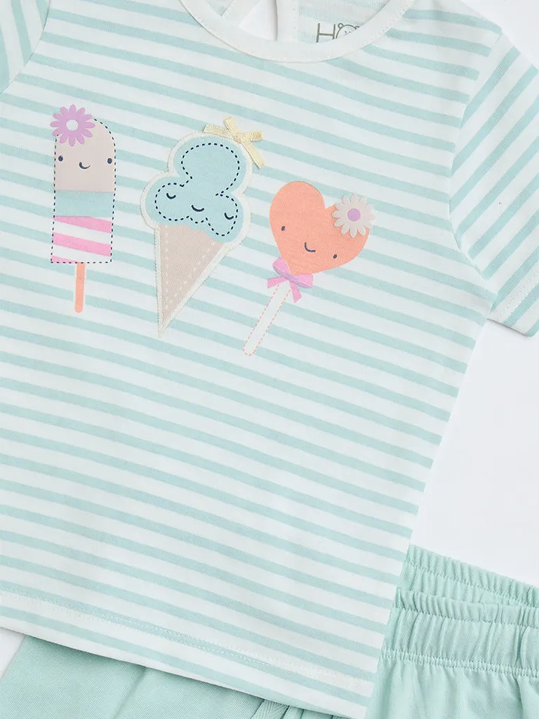 HOP Baby Mint Stripe Printed Cotton T-Shirt with Shorts Set